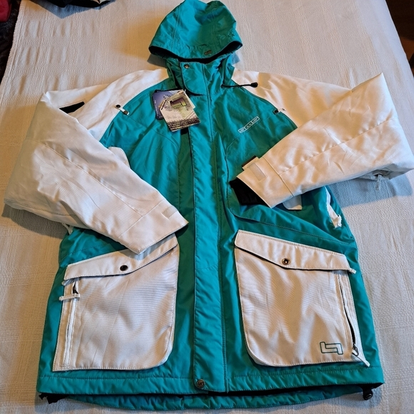 SMS men's size Large Aqua & white ski or snowboard jacket, Wind  & waterproof - Picture 1 of 16